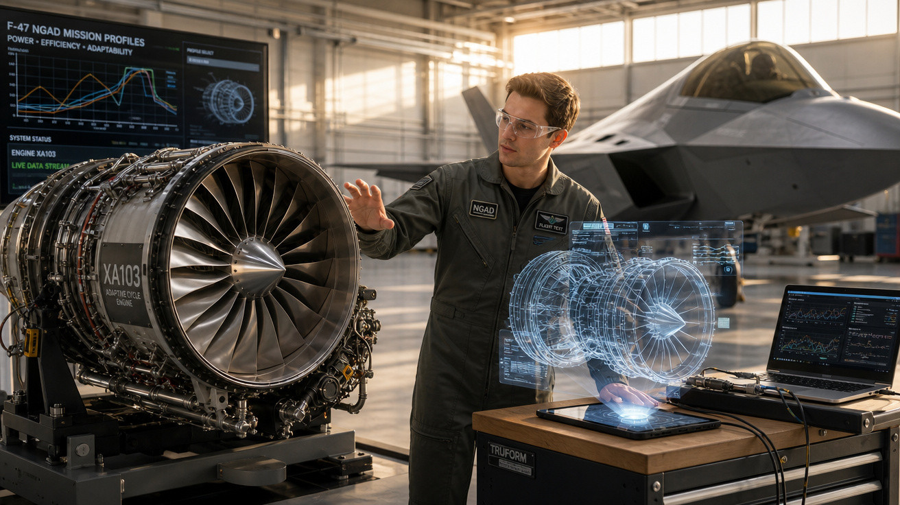 Engenheiro analisa motor de avião a jato com holograma 3D e avião militar ao fundo em hangar.
