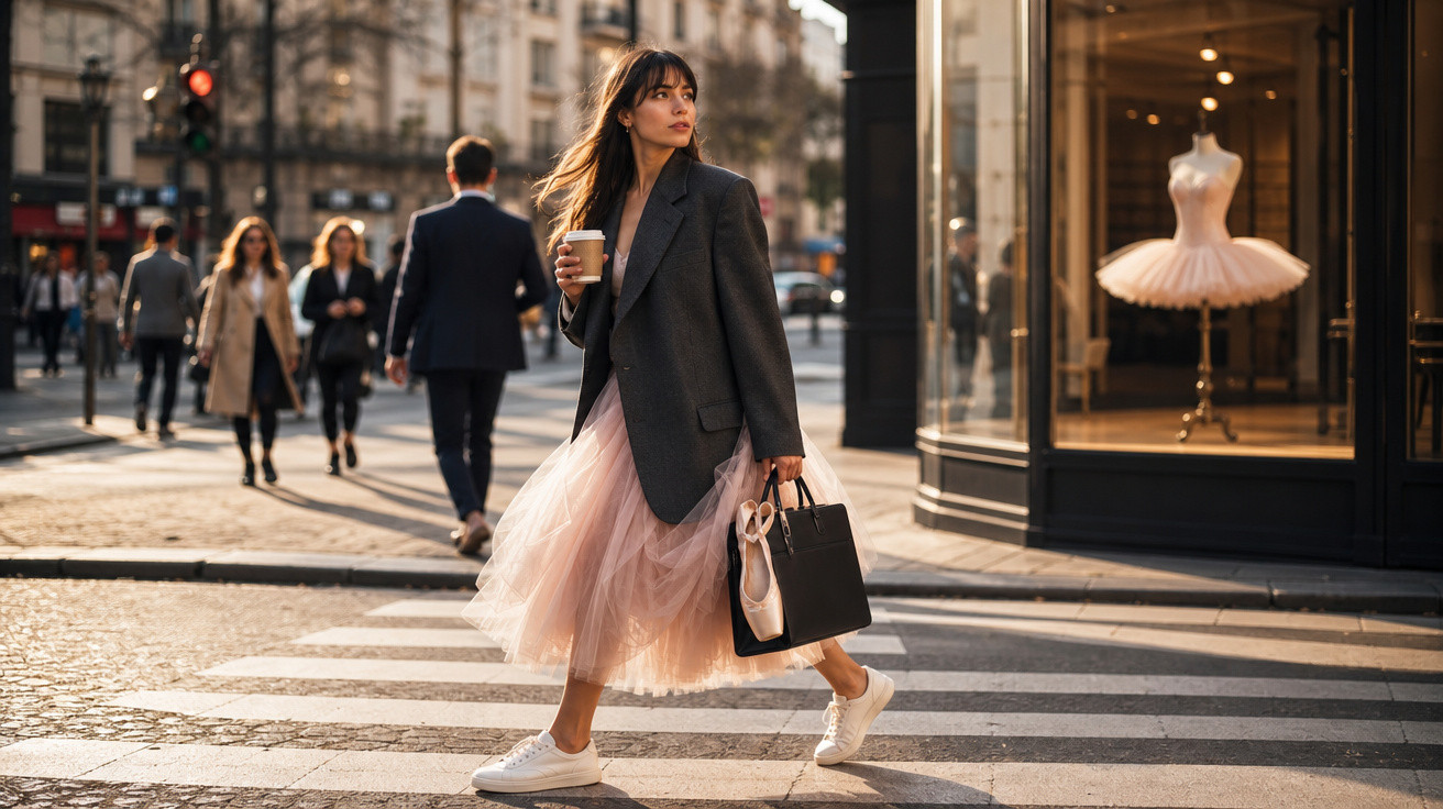 Mulher atravessando rua com vestido de tule rosa, blazer cinza, tênis branco e café na mão.