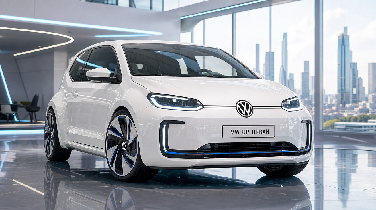 Carro elétrico branco VW UP Urban em ambiente interno moderno com janelas grandes e vista para cidade.