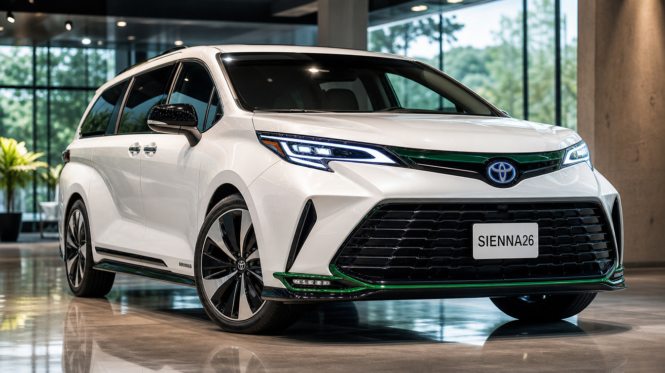 Minivan branca Toyota Sienna exibida em showroom moderno com luzes LED acesas.