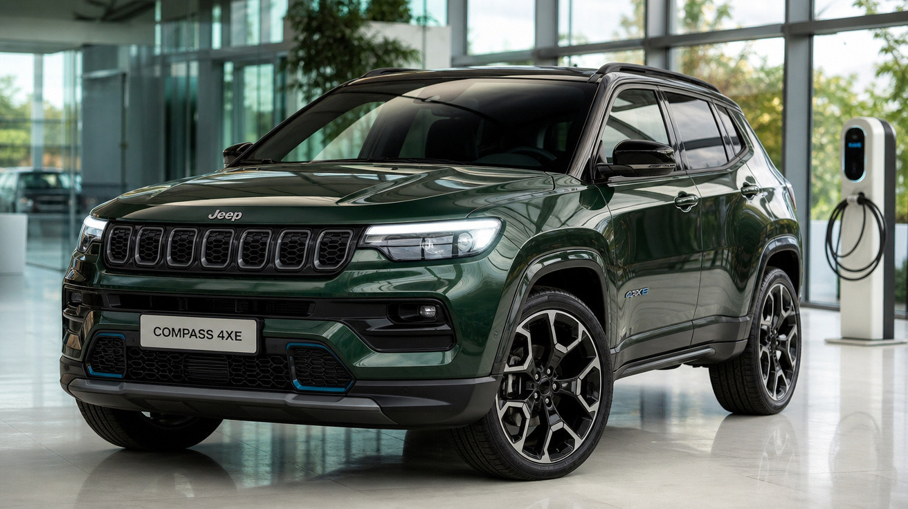 SUV Jeep Compass 4XE verde estacionado dentro de showroom com estação de carregamento elétrica ao lado.