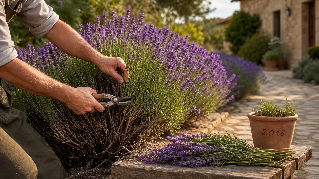 Pessoa podando arbusto de lavanda roxa com tesoura de jardinagem em jardim ao ar livre