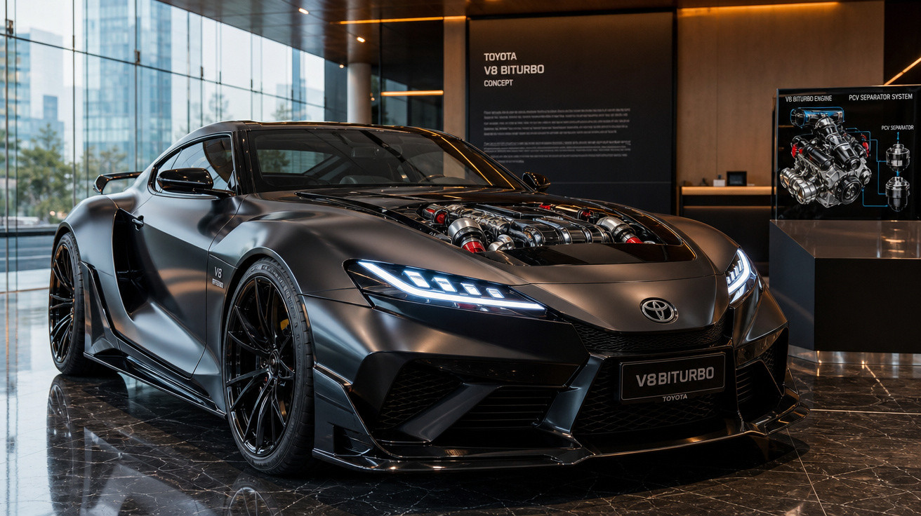Carro esportivo preto Toyota V8 Biturbo Concept exposto em ambiente moderno com motor à mostra no capô.