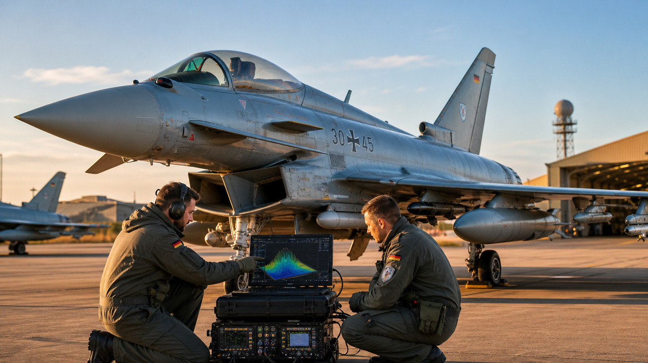 Dois militares analisam dados em equipamento eletrônico próximo a um caça militar estacionado em pista ao entardecer.