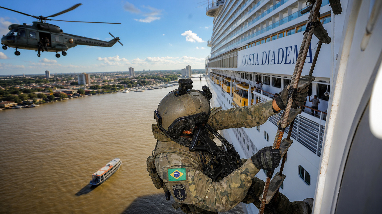 Militar brasileiro em treinamento de rapel no navio Costa Diadema com helicóptero e barco ao fundo.