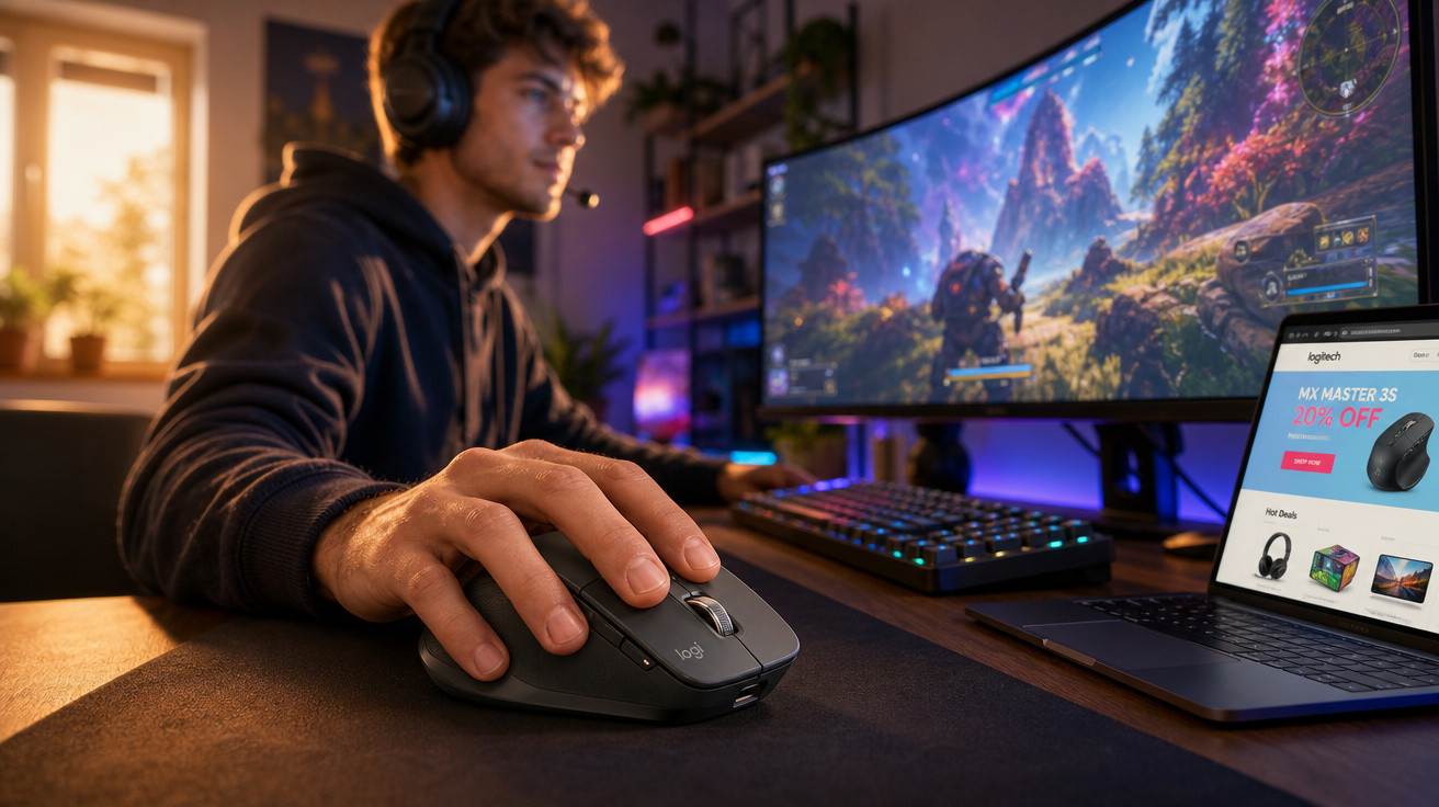 Jovem usando mouse Logitech enquanto joga em monitor ultrawide com laptop ao lado exibindo site de promoção.