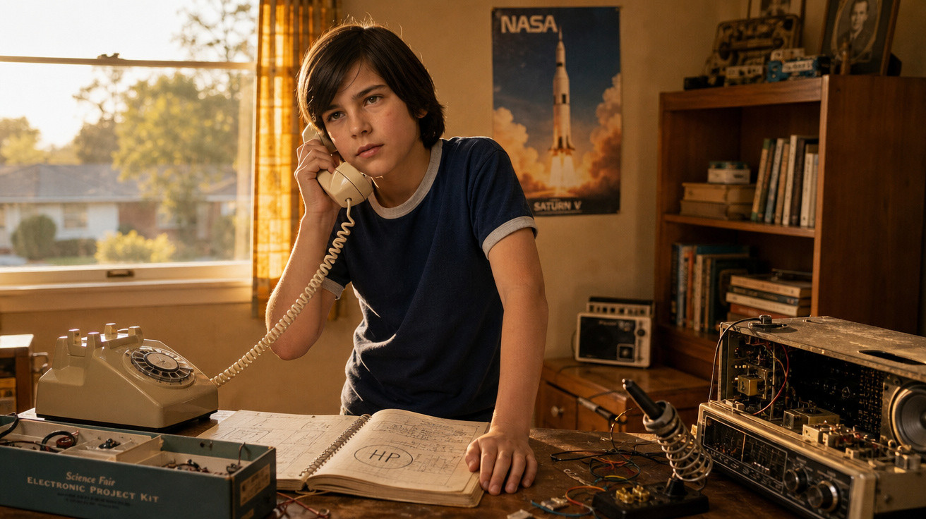 Adolescente fala ao telefone em quarto com pôster da NASA e equipamentos eletrônicos antigos.