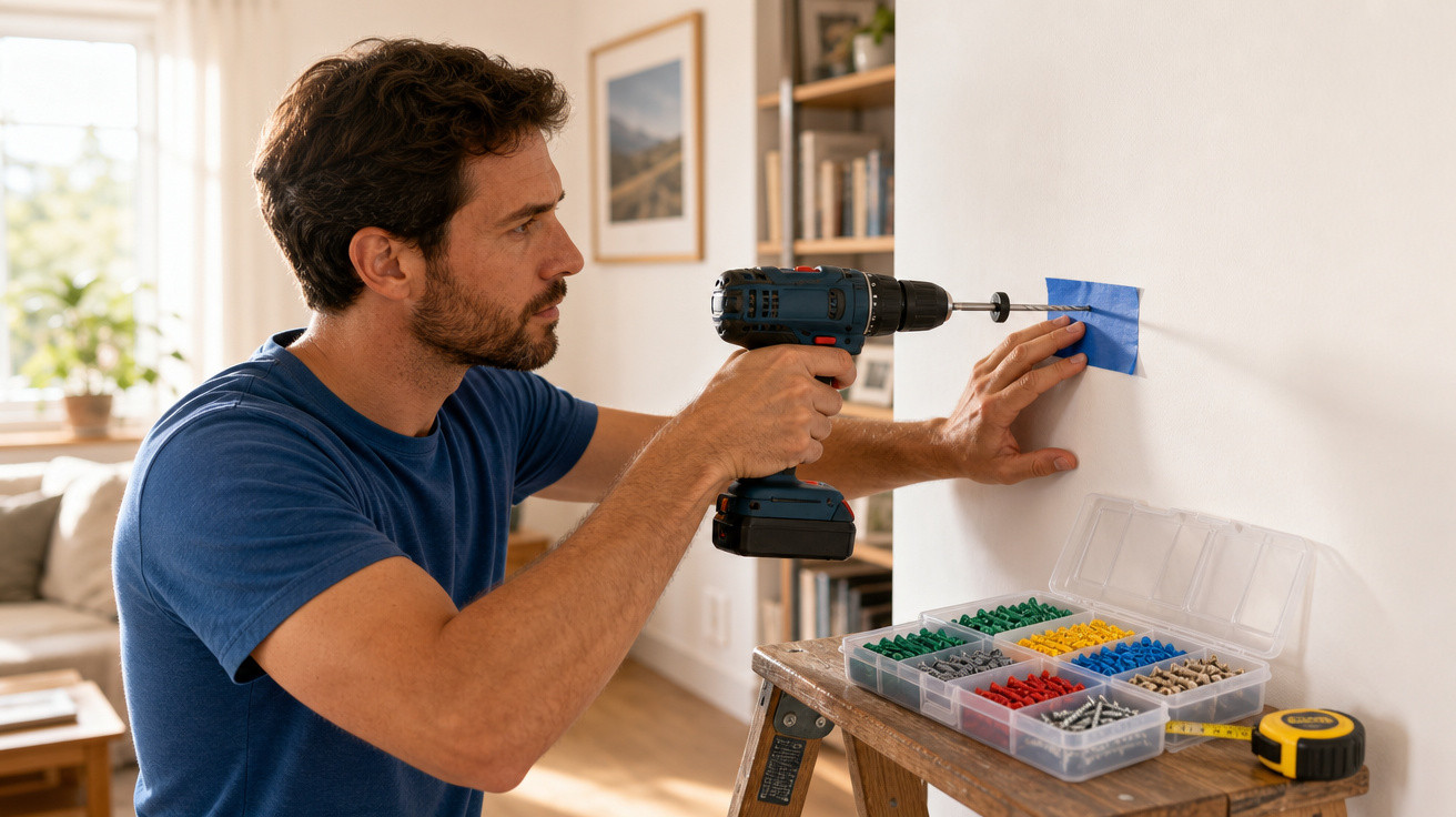 Homem usando furadeira para pregar na parede com fita azul, ao lado de caixa organizada de parafusos.