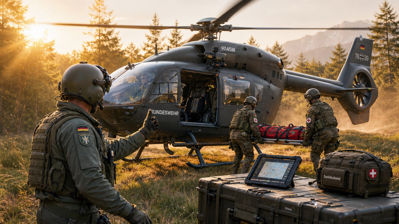 Soldados da Bundeswehr realizando resgate com helicóptero em área florestal ao amanhecer.