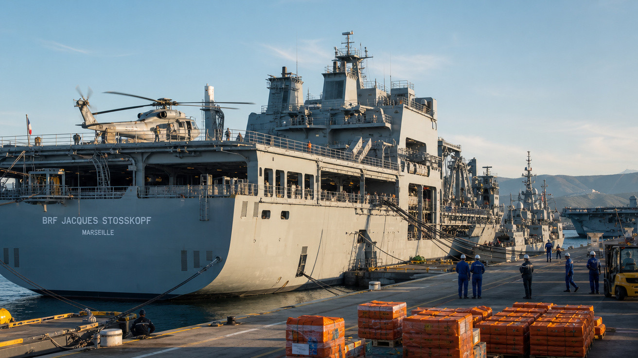 Navio de guerra atracado no porto com militares e caixas empilhadas no cais ao entardecer.