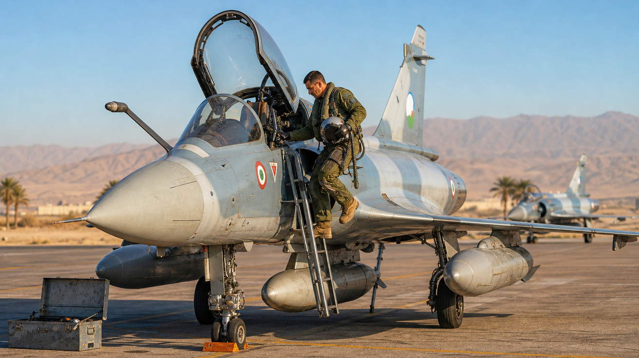 Piloto militar sobe na escada para entrar em caça cinza estacionado em pista desértica com outra aeronave ao fundo.