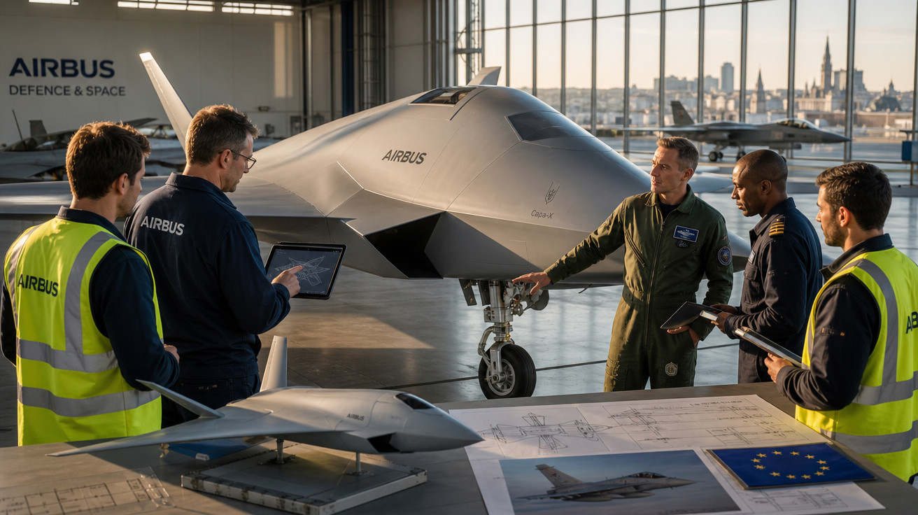 Equipe da Airbus analisa projeto de drone militar em hangar com maquete e planta técnica.
