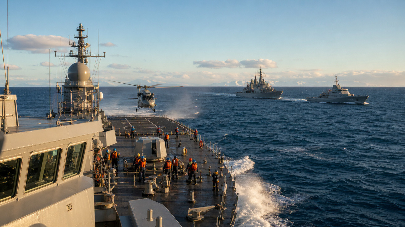 Helicóptero aterrissando em navio da marinha, com dois navios de guerra ao fundo em mar calmo.