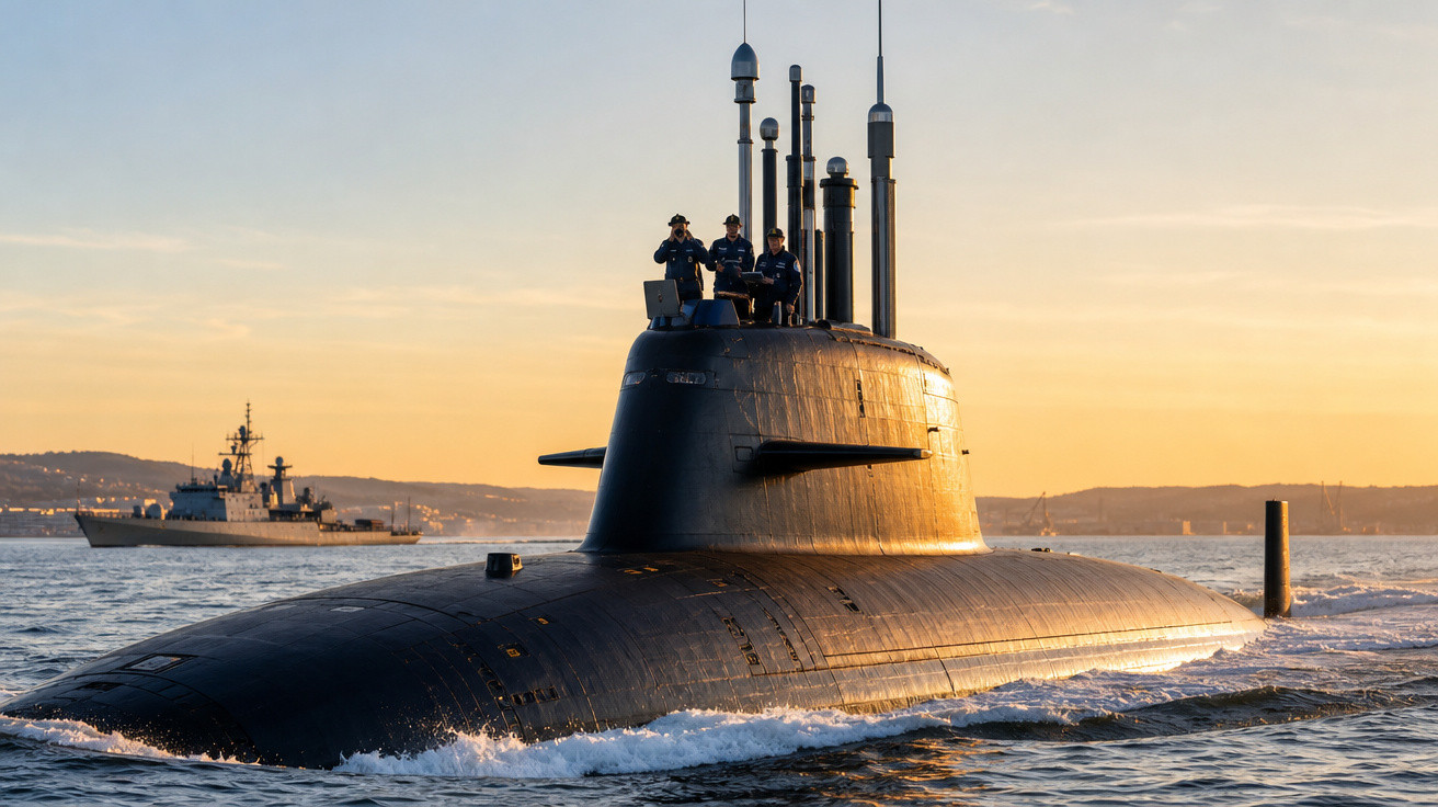 Submarino negro no mar ao pôr do sol com tripulação no convés e navio de guerra ao fundo.