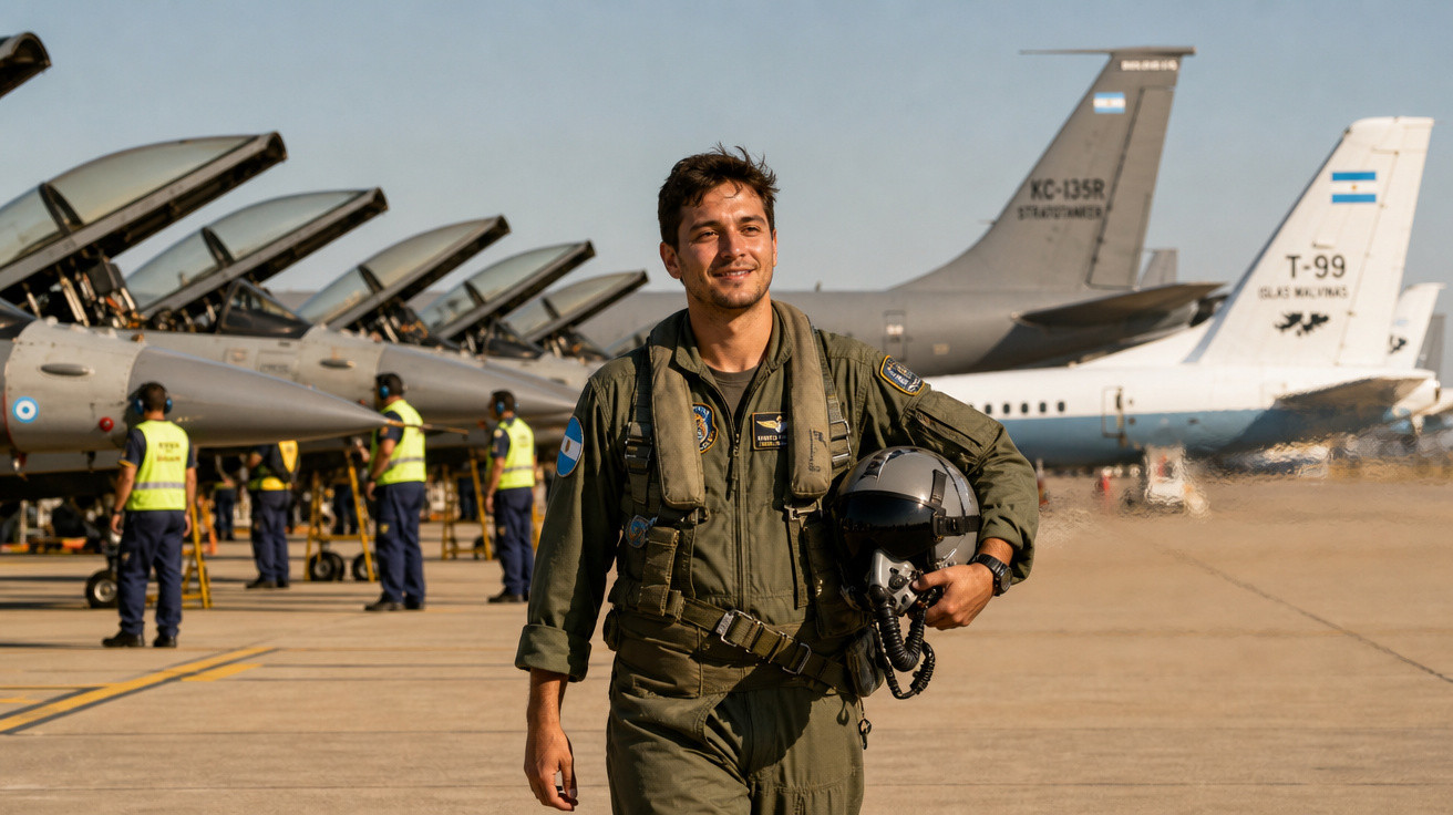 Piloto militar argentino sorrindo, com capacete, caminhando em pista de aeródromo com jatos ao fundo.
