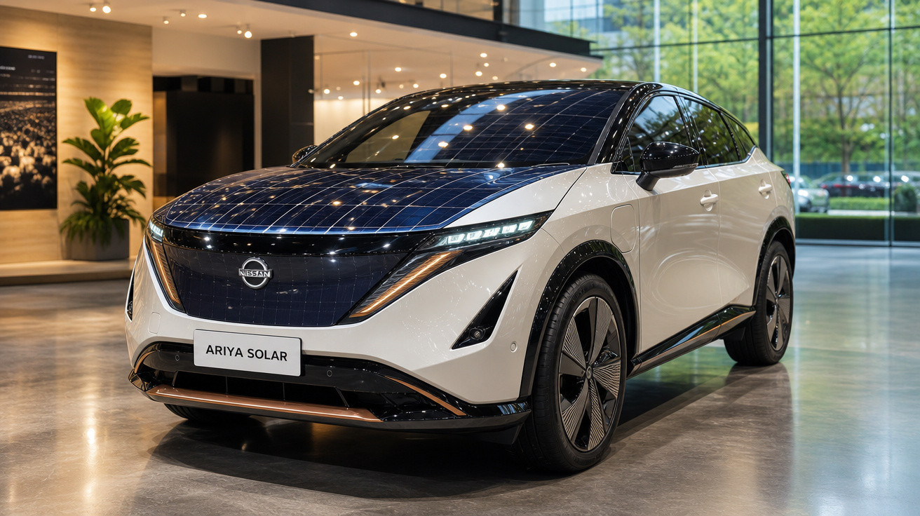 Carro elétrico Nissan Ariya Solar branco com painéis solares no capô em showroom moderno.