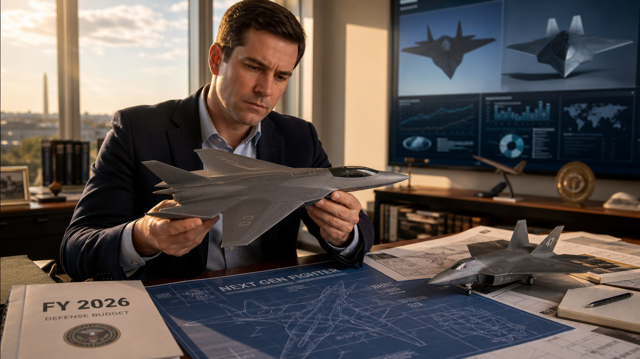 Homem em escritório analisa maquete de avião de caça sobre mesa com plantas e documentos militares.
