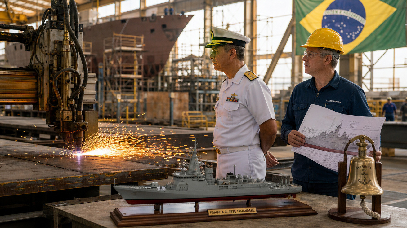 Dois homens observam corte metalúrgico em estaleiro naval com maquete de fragata classe Tamandaré à frente.
