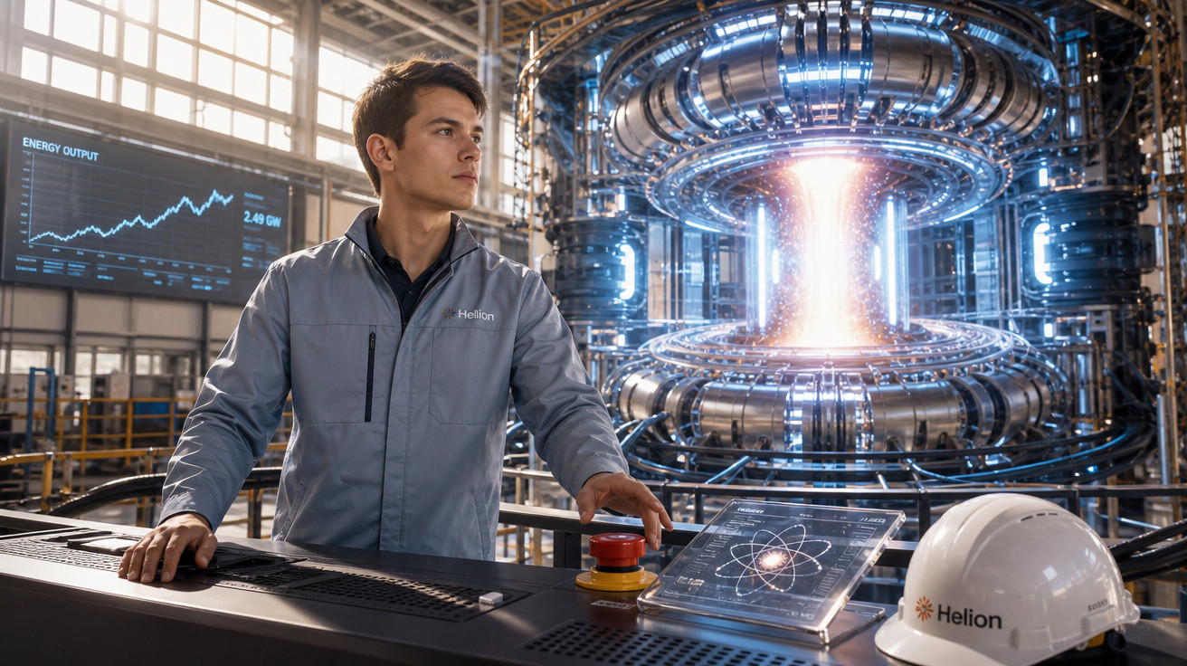 Jovem engenheiro em laboratório com reator de fusão nuclear e monitor de energia ao fundo.
