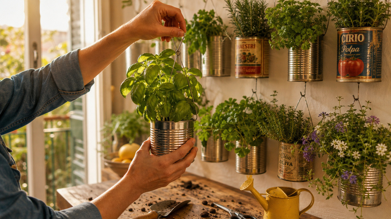 Pessoa cuidando de ervas plantadas em latas recicladas penduradas na parede de um jardim interno.