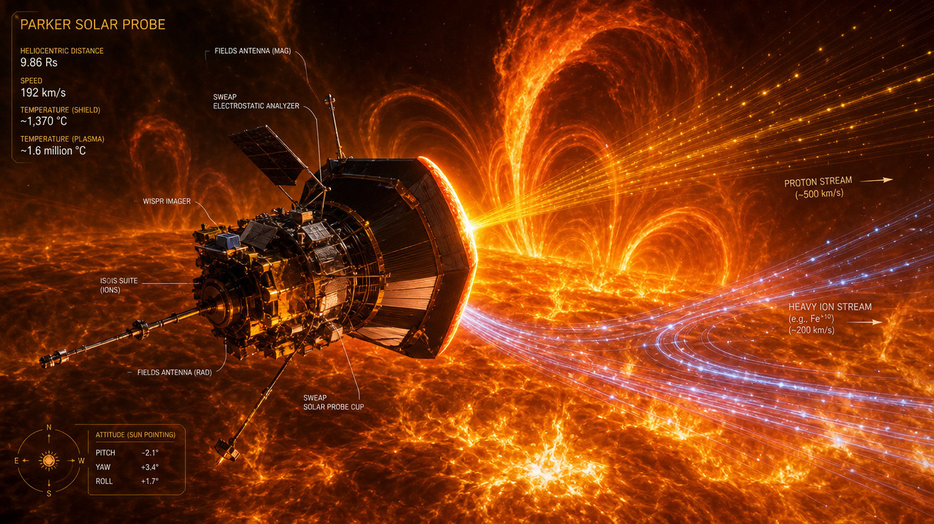Sonda Parker Solar Probe próxima ao Sol, orbitando região com intensa atividade solar e campos magnéticos.