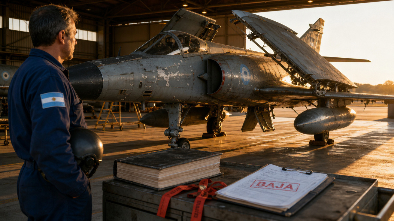 Militar argentino observa jato de combate antigo e desgastado em hangar durante pôr do sol.