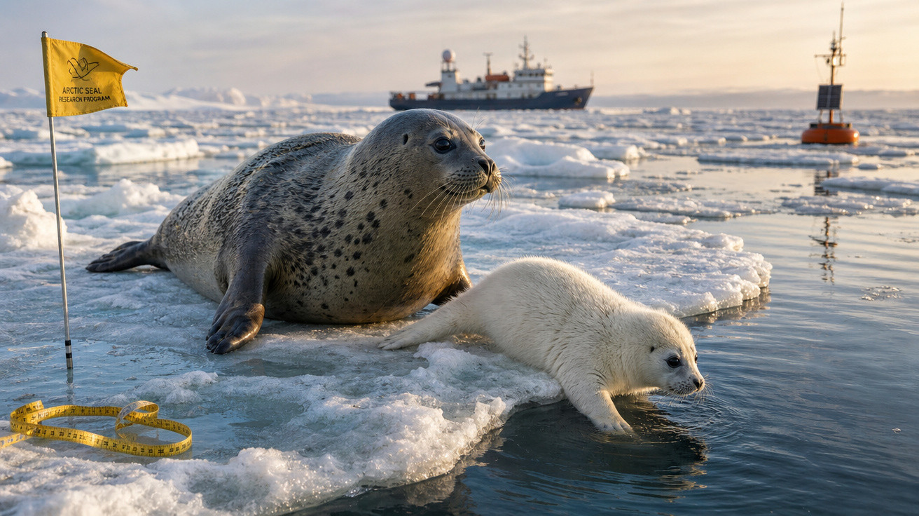 Foca adulta e filhote sobre gelo no oceano, com navio e boia ao fundo em ambiente polar.