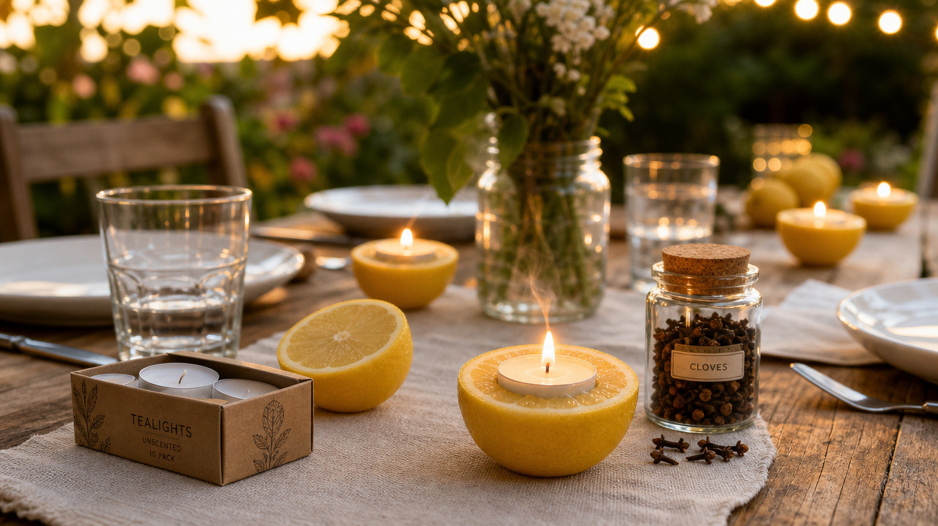 Mesa posta ao ar livre com velas feitas em metades de limão e jarra com flores ao fundo.