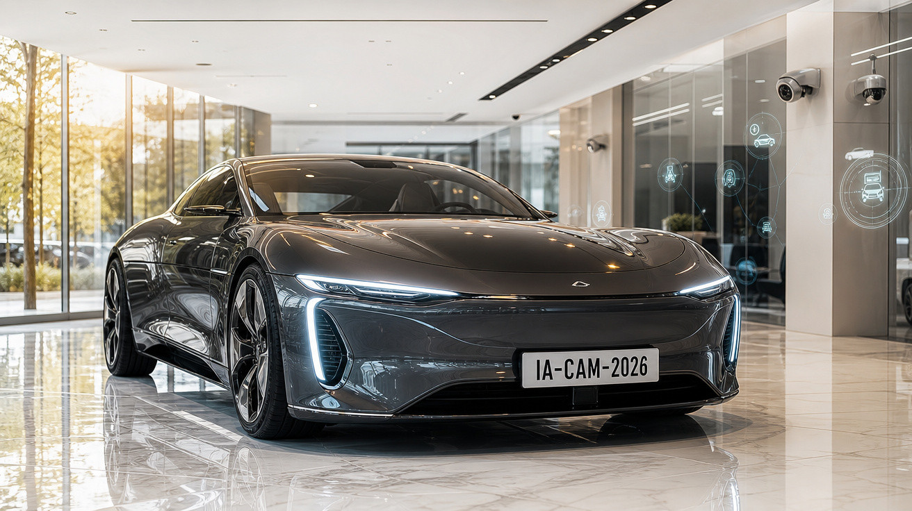 Carro esportivo preto com faróis de LED em showroom moderno com piso de mármore refletivo.