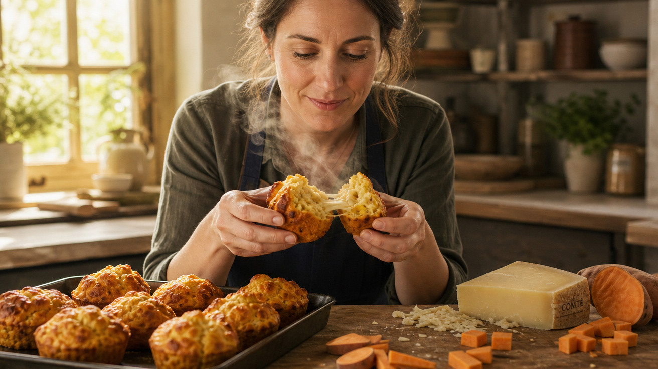 Mulher numa cozinha tirando um pãozinho de queijo quente e fumegante de uma forma.