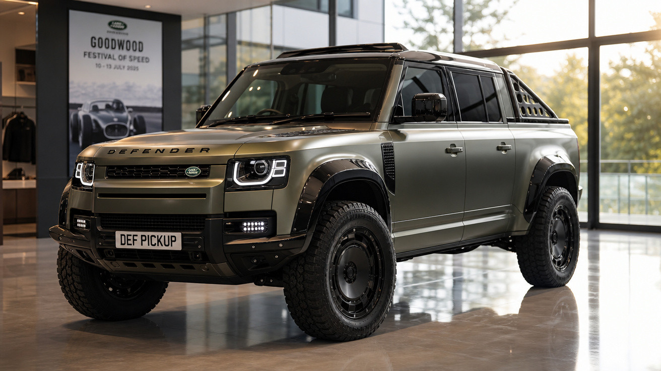 Picape Land Rover Defender verde-oliva estacionada em showroom iluminado por luz natural.