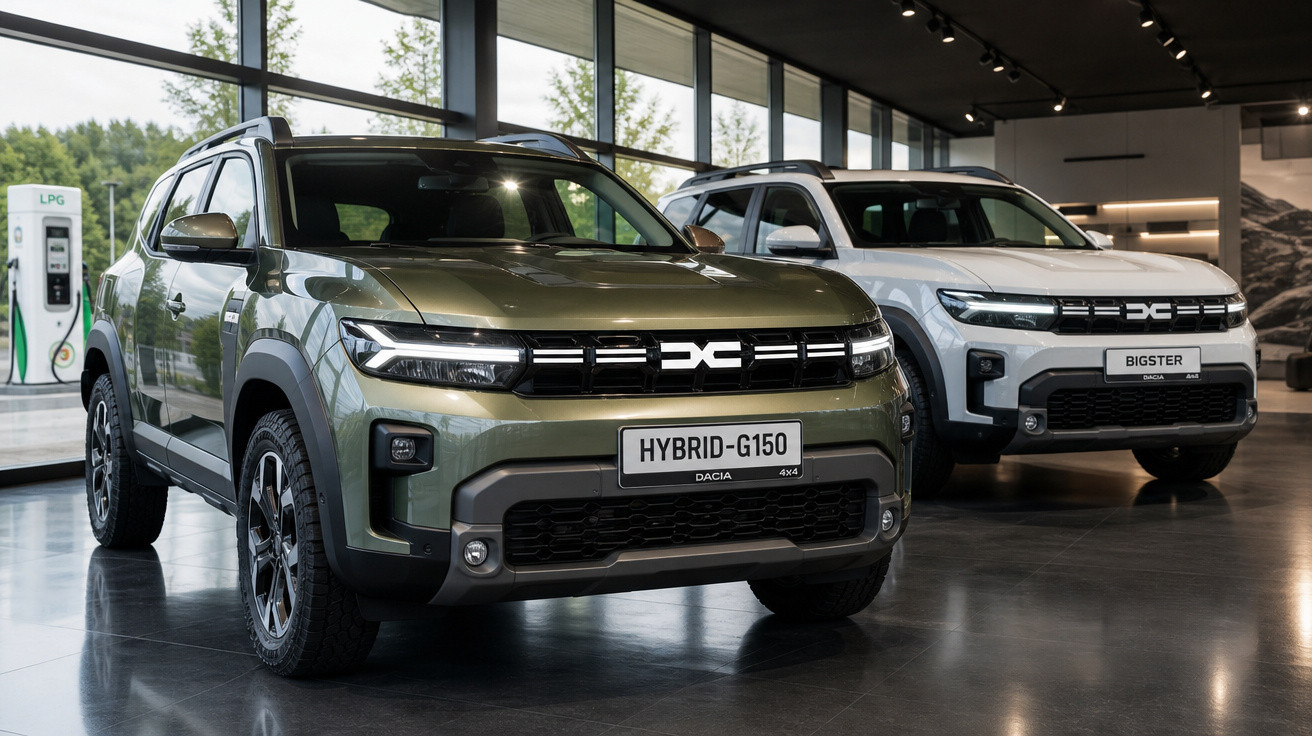 Dois carros Dacia em exposição, modelo híbrido G150 verde e modelo Bigster branco, dentro de showroom moderno.