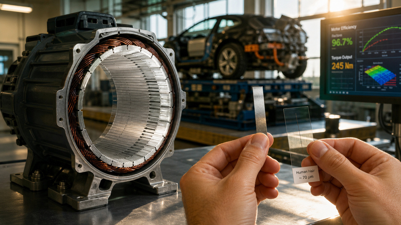 Mãos segurando amostras finas diante de motor elétrico industrial e carro em oficina de engenharia automotiva.