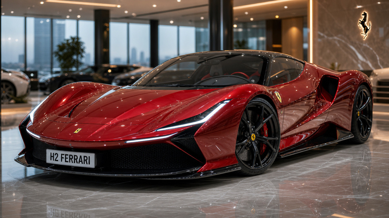 Carro esportivo Ferrari vermelho brilhante em showroom com piso espelhado e iluminação moderna.
