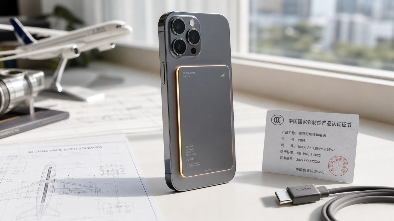 Smartphone preto com carregador magnético acoplado, modelo de avião e documentos técnicos ao fundo.