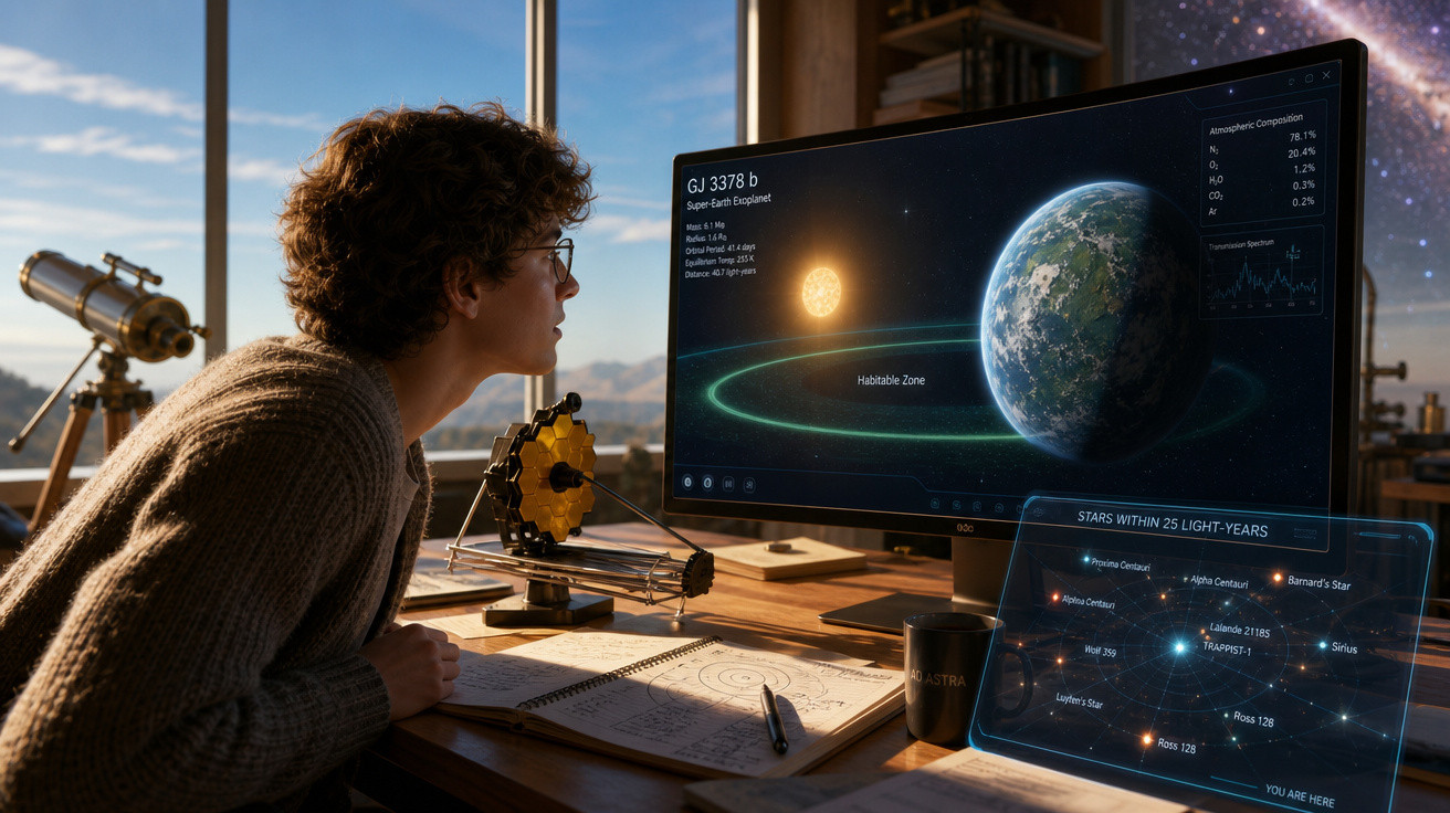 Pessoa jovem estudando sistema planetário e zona habitável de exoplaneta em tela de computador.