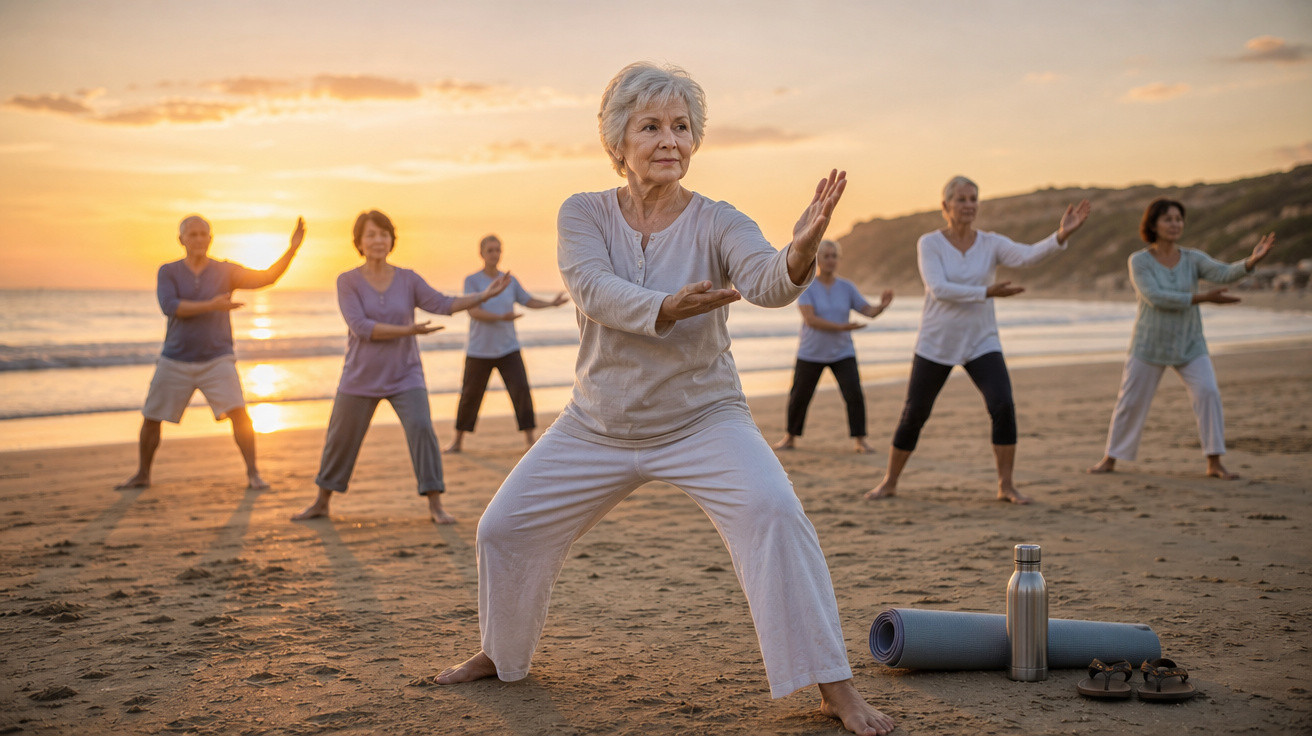 Grupo de idosos praticando tai chi na praia durante o pôr do sol com tapete e garrafa ao lado.