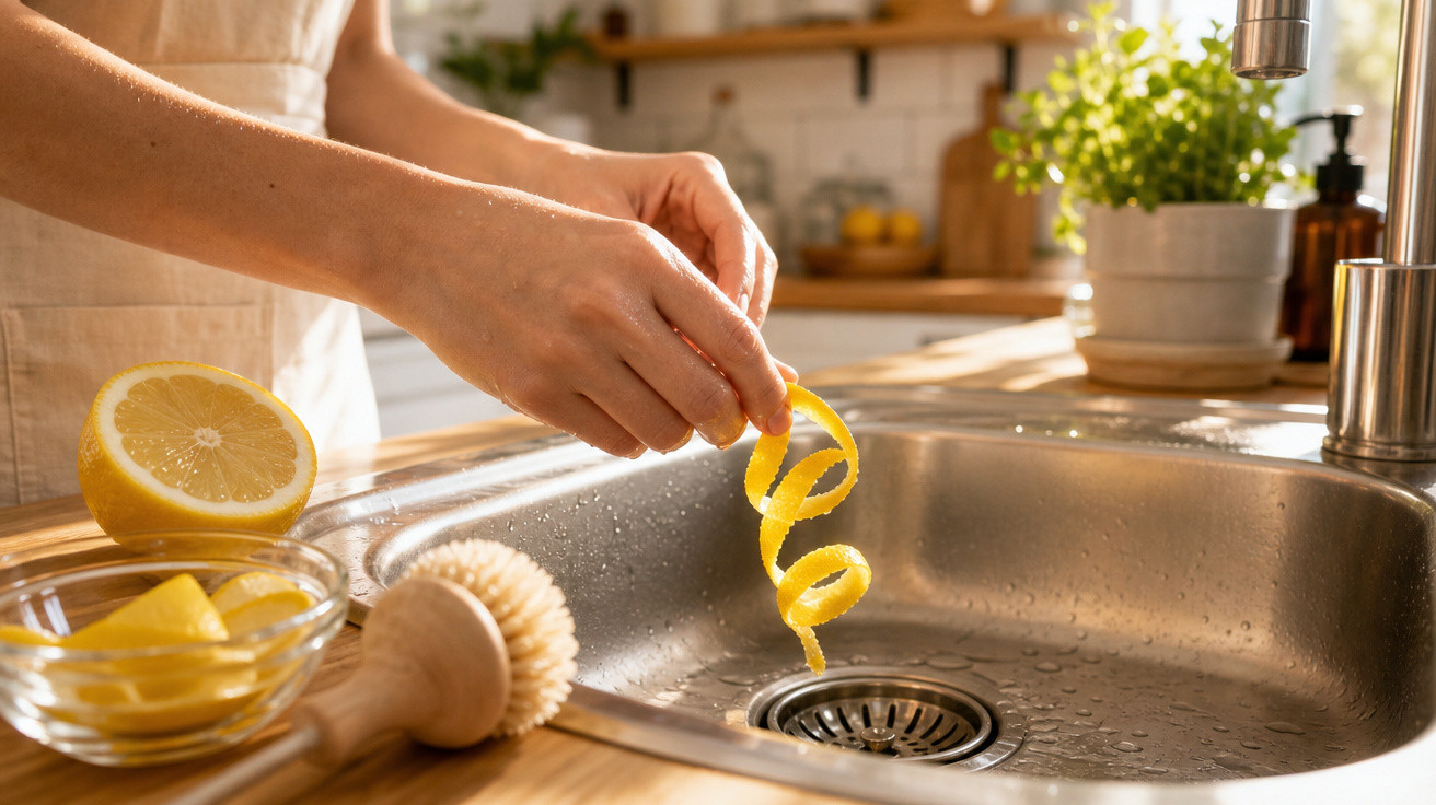 Mão segurando casca de limão enrolada sobre pia de cozinha, com utensílios e plantinha ao fundo.
