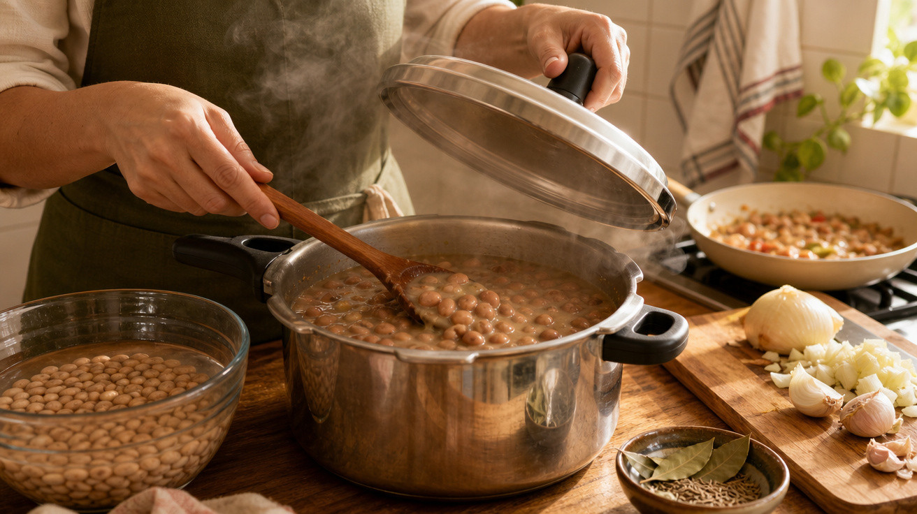 Pessoa mexendo feijão cozinhando em panela de inox com utensílios e ingredientes à mostra na bancada de madeira.