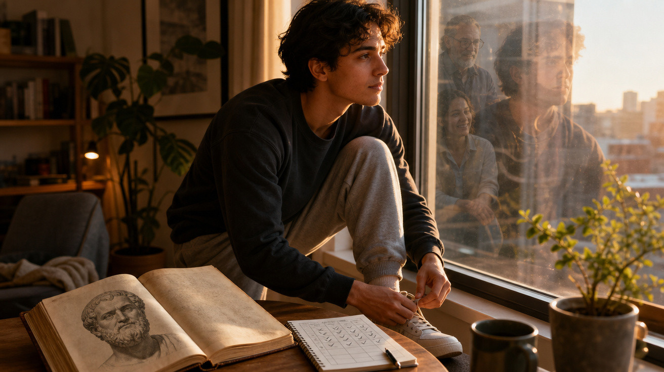 Jovem sentado próximo à janela amarrando tênis, com livro e caderno sobre mesa ao entardecer.