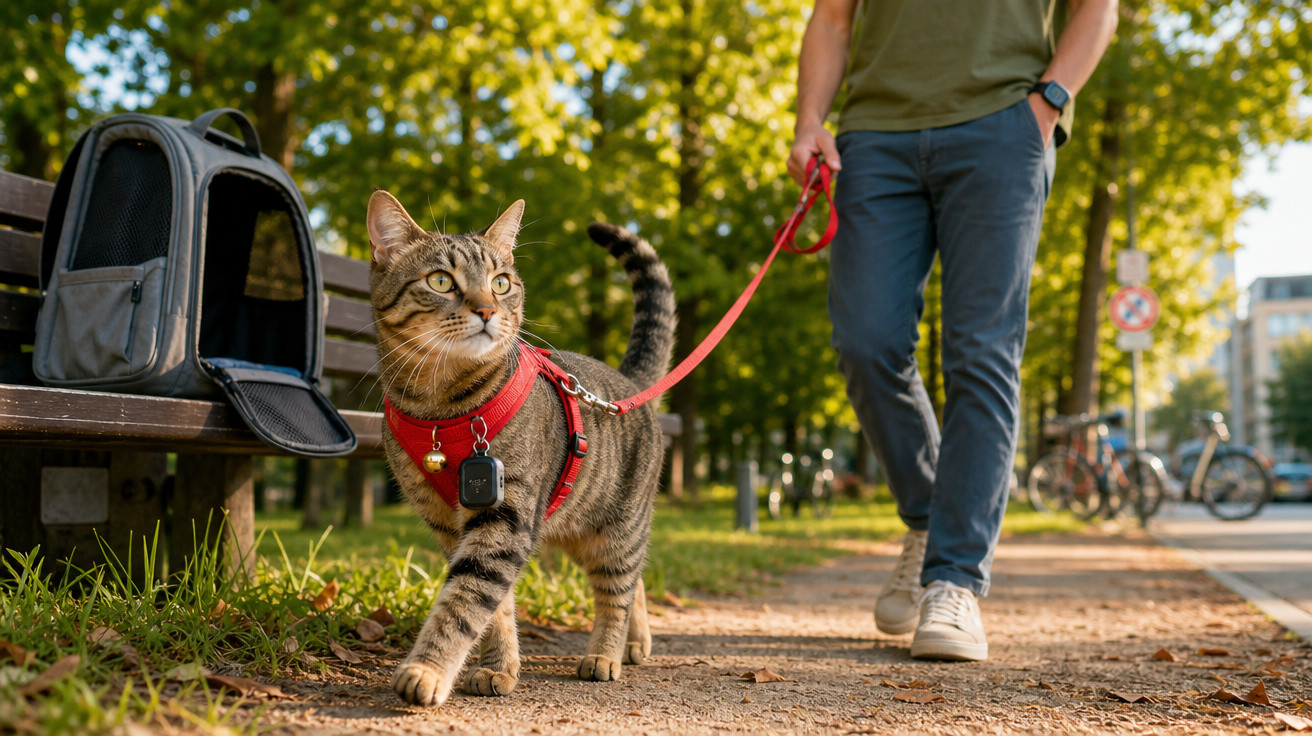 Gato usando coleira vermelha e guia sendo levado para passear por pessoa em parque ensolarado.