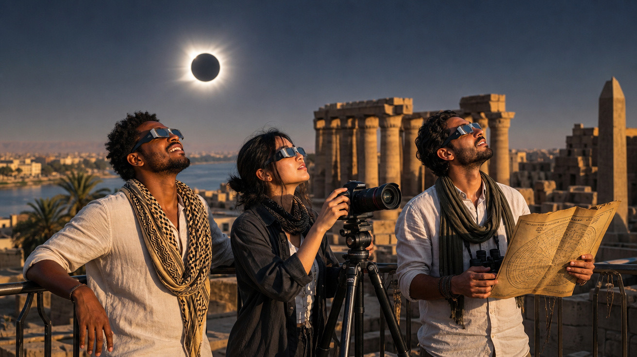 Três pessoas com óculos especiais observam eclipse solar em sítio arqueológico antigo ao pôr do sol.