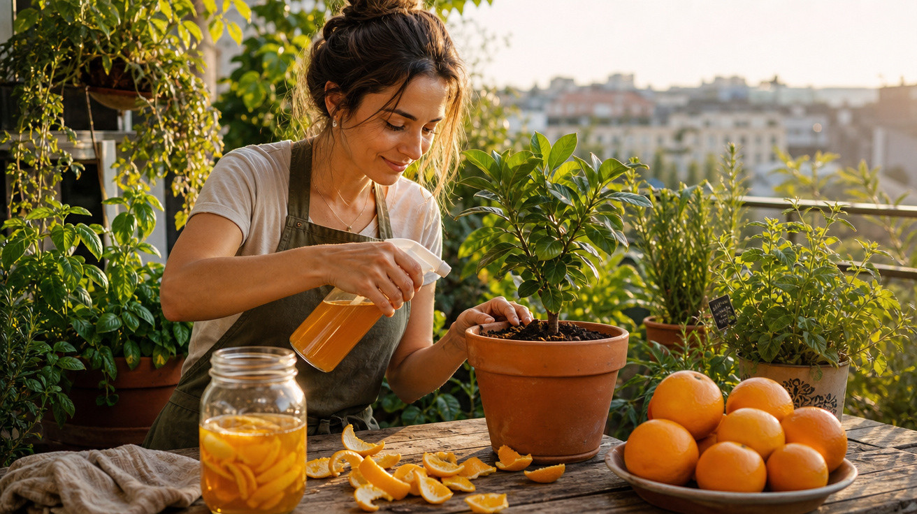 Mulher regando planta em vaso de barro, cercada por laranjas e jarra com frutas em mesa de madeira.