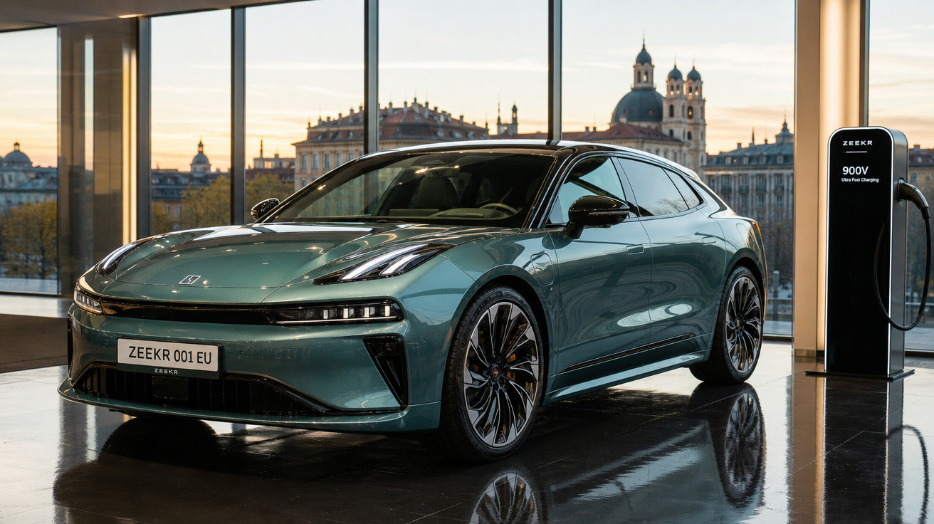 Carro elétrico Zeekr 001 EU verde em ambiente interno com paisagem urbana ao fundo e estação de carregamento.