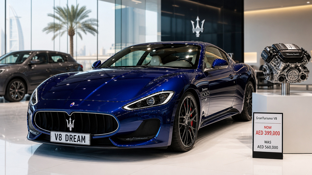 Carro esportivo azul Maserati GranTurismo V8 em showroom ao lado de motor exposto e placa de preço.