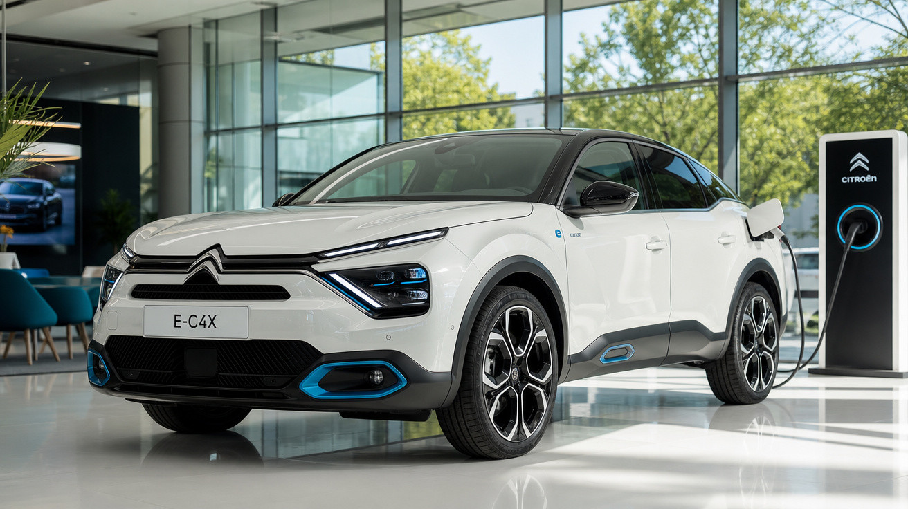 Carro elétrico branco Citroën E-C4X sendo carregado em showroom moderno com janelas amplas.