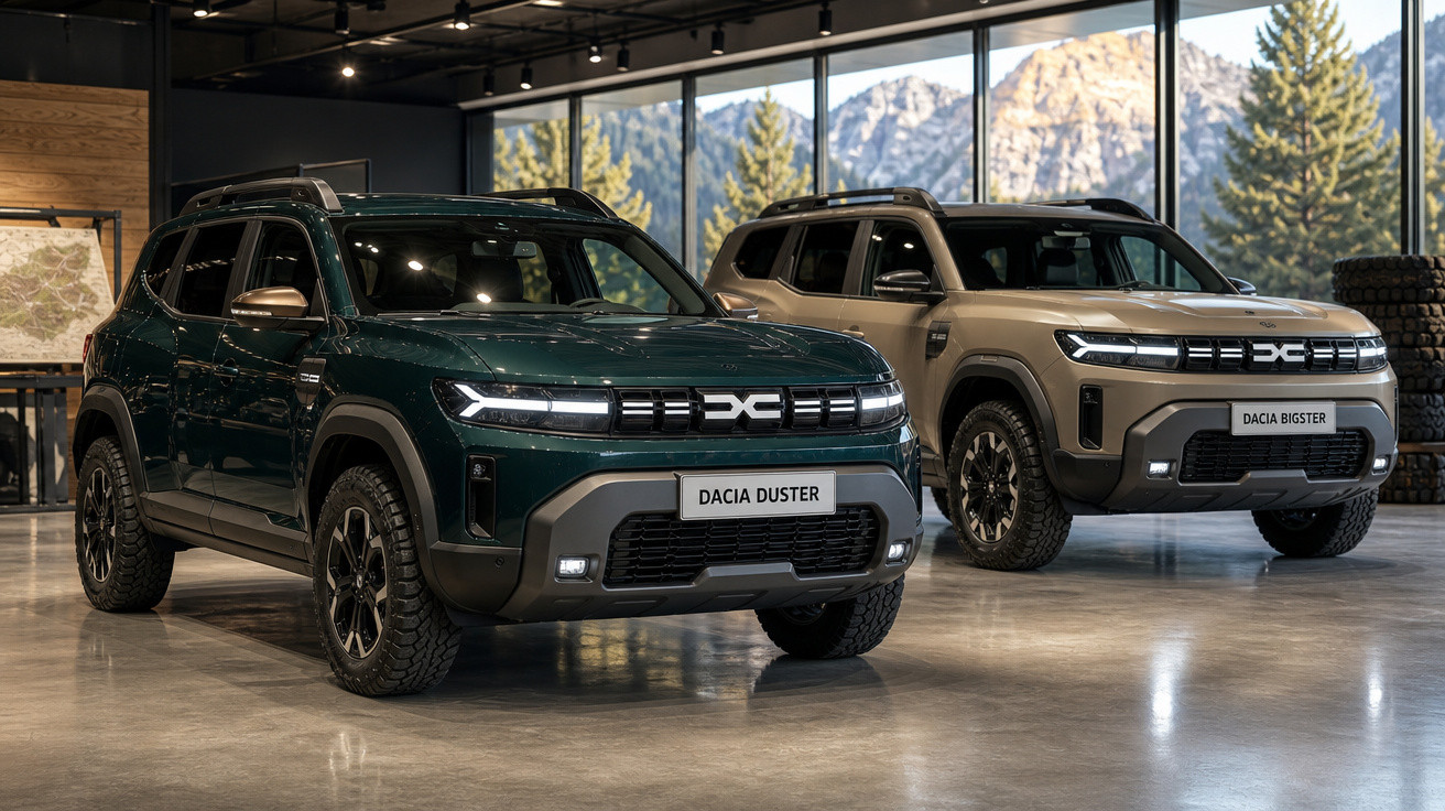 Dois SUVs Dacia Duster e Dacia Bigster estacionados em showroom com grandes janelas e vista para montanhas.