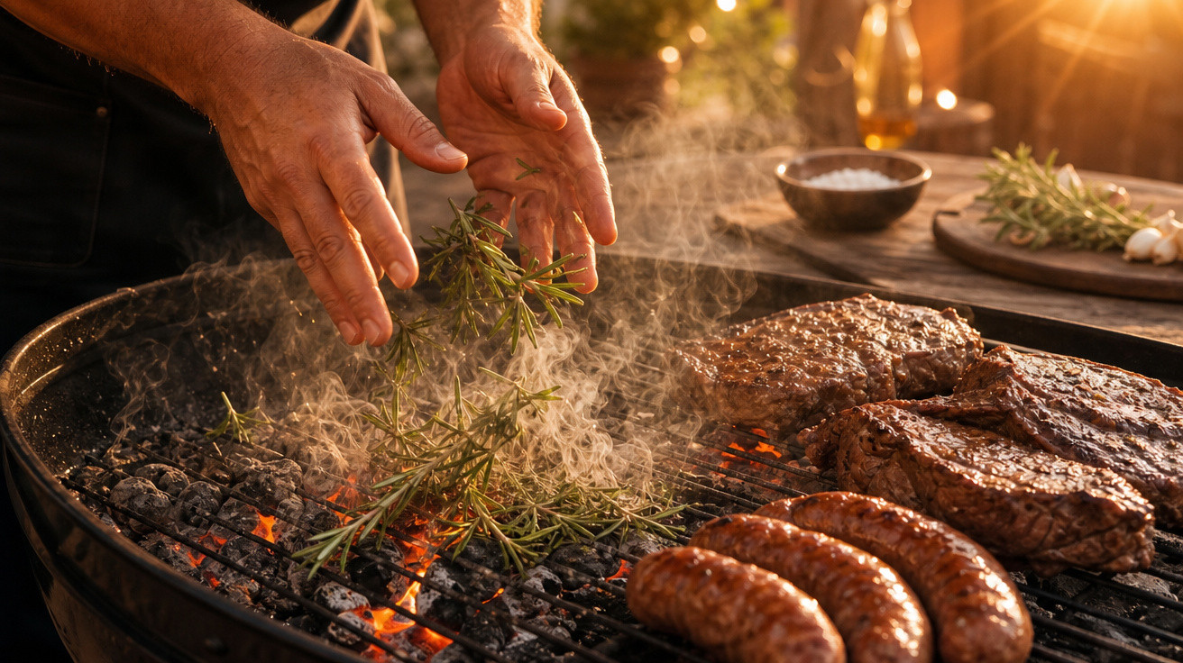 Mãos seguram ramos de alecrim sobre churrasqueira com carne e linguiça grelhando ao pôr do sol.