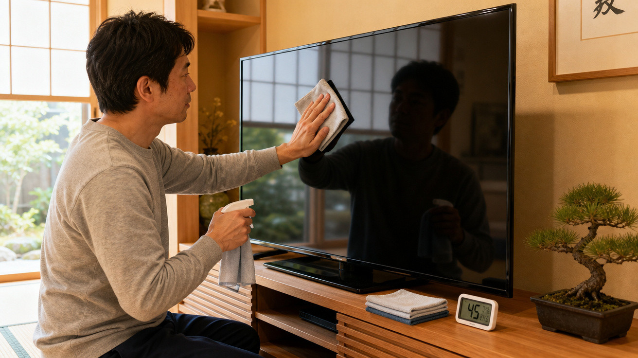 Homem limpando a tela de uma TV em uma sala com decoração japonesa e planta bonsai.