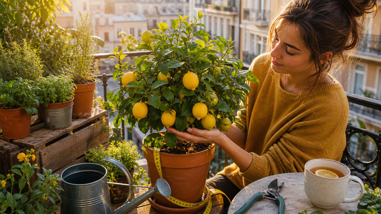 Mulher cuidando de planta de limão em vaso no jardim de varanda com chá e ferramentas.